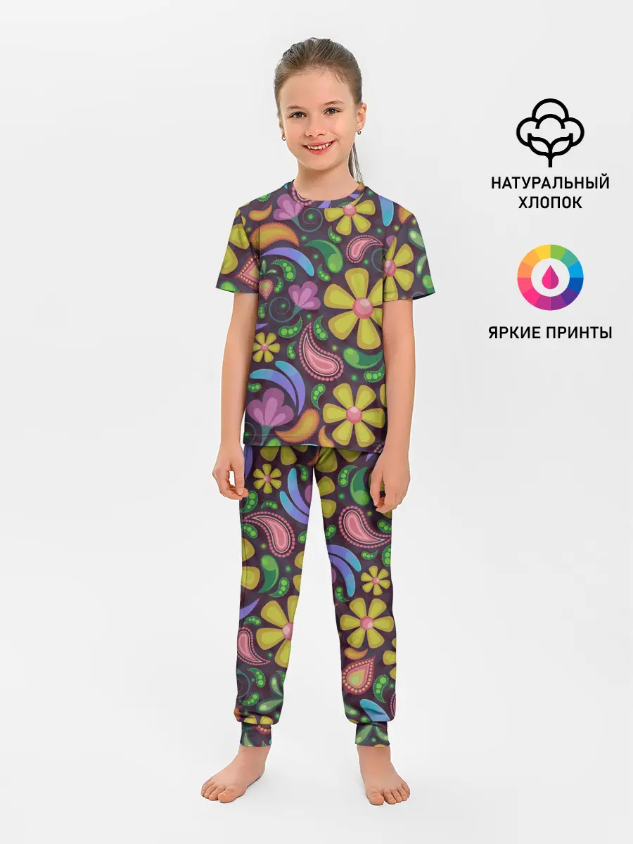 Детская пижама с брюками / летние цветы узор на темном