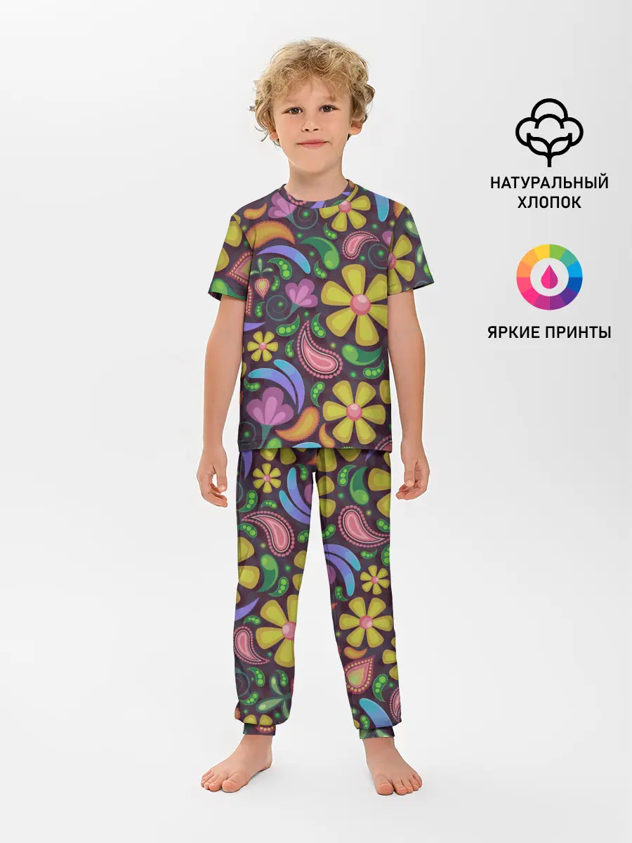 Детская пижама с брюками / летние цветы узор на темном