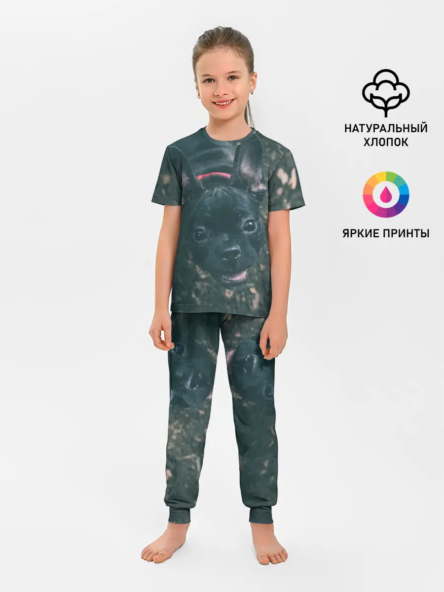 Детская пижама с брюками / Бульдог морда собакена черного