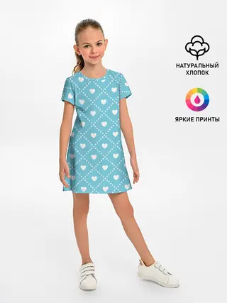 Детское платье / Белые сердечки на голубом фоне
