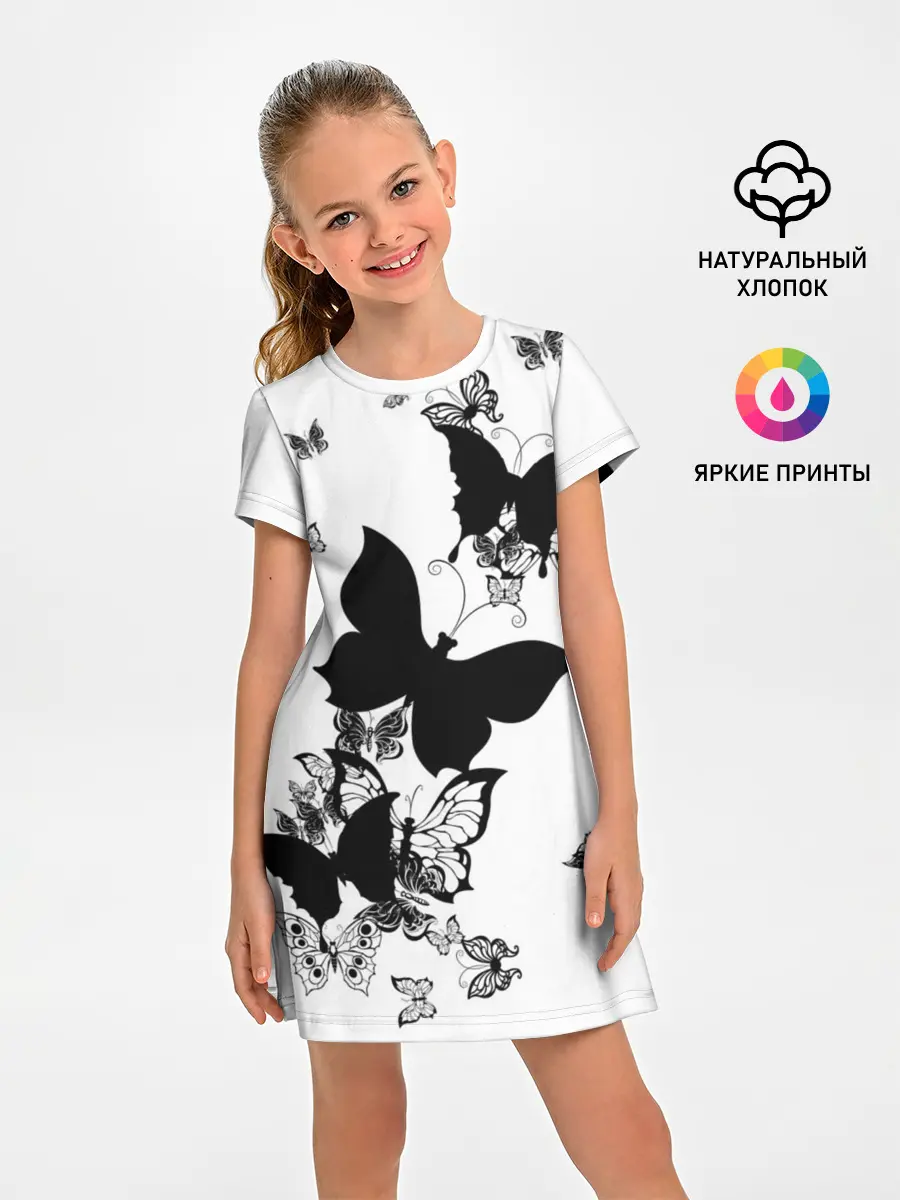 Детское платье / Черные бабочки на белом
