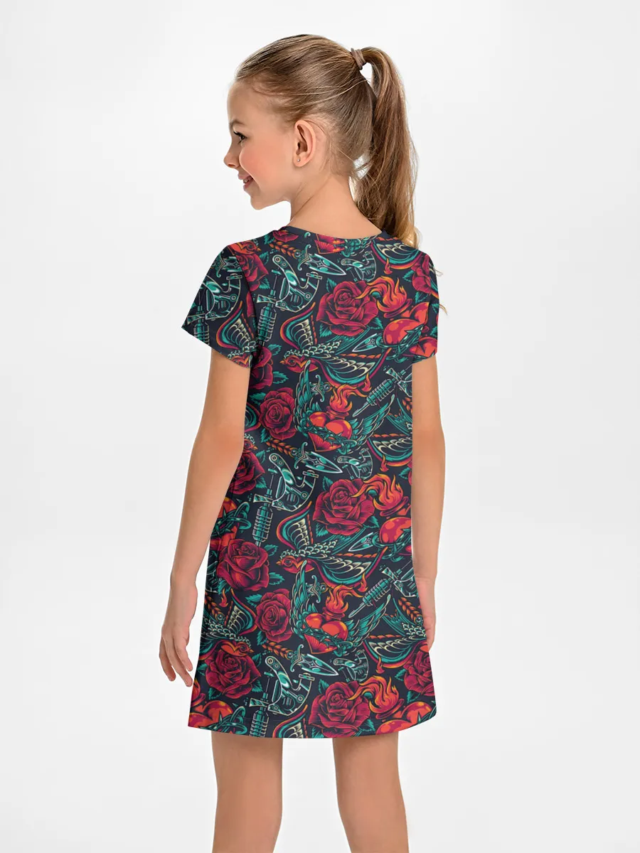 Детское платье / Тату узор розы и машинки