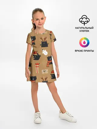 Детское платье / Черные новогодние коты