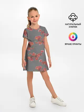 Детское платье / Цветы айвы на сером фоне