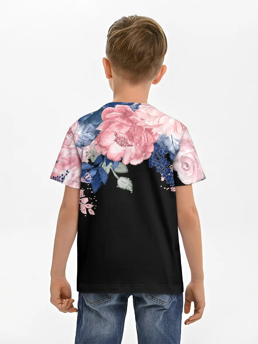 Детская базовая футболка / цветы на черном