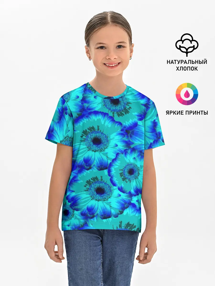 Детская базовая футболка / Голубые хризантемы