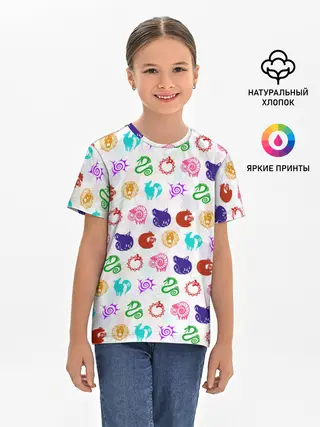 Детская базовая футболка / 7 СМЕРТНЫХ ГРЕХОВ ЦВЕТНОЙ ПАТТЕРН СИМВОЛЫ