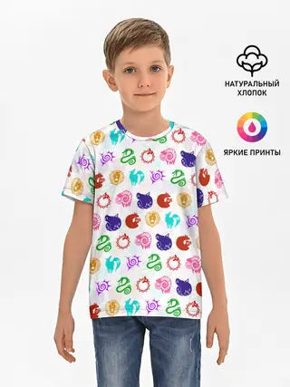 Детская базовая футболка / 7 СМЕРТНЫХ ГРЕХОВ ЦВЕТНОЙ ПАТТЕРН СИМВОЛЫ