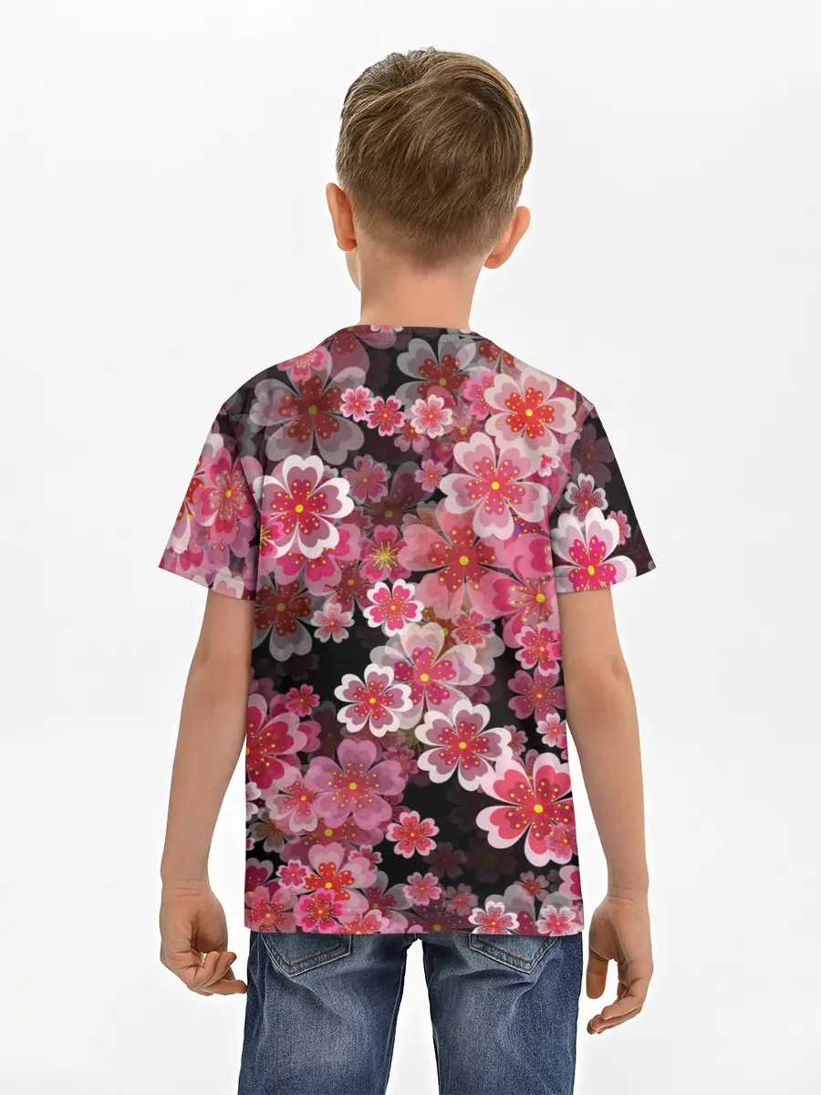 Детская базовая футболка / Иероглифы и Сакура 3D
