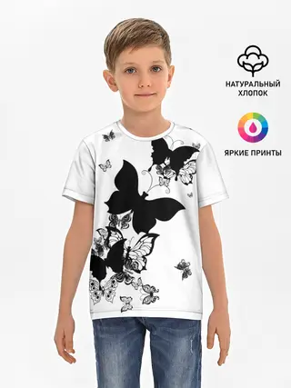 Детская базовая футболка / Черные бабочки на белом