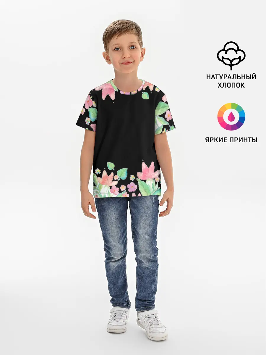 Детская базовая футболка / Рамка из розовых и зеленых листьев