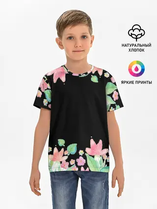 Детская базовая футболка / Рамка из розовых и зеленых листьев