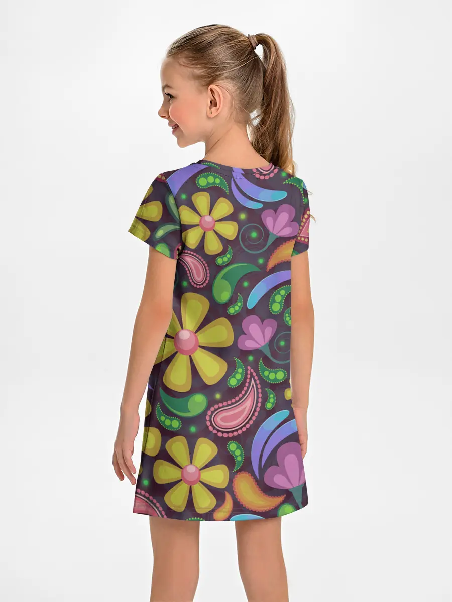 Детское платье / летние цветы узор на темном