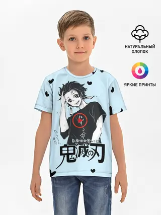 Детская базовая футболка / Танджиро Камадо черные сердечки