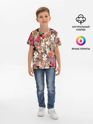 Детская базовая футболка / Корги & Цветы