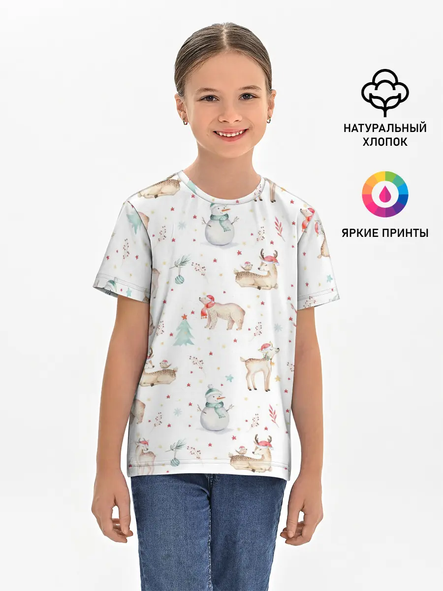 Детская базовая футболка / Паттерн с оленями и медведями