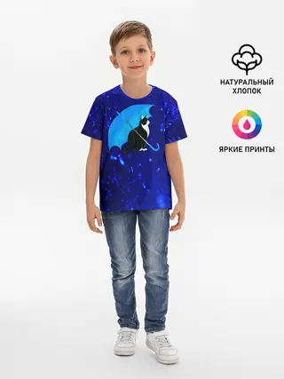 Детская базовая футболка / Котик под Дождем