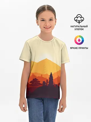 Детская базовая футболка / Горы закат пейзаж лиса арт
