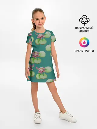 Детское платье / Лотосы на темно бирюзовом фоне