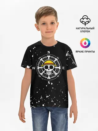 Детская базовая футболка / ONE PIECE | ВАН ПИС ЧЕРЕП БРЫЗГИ КРАСОК