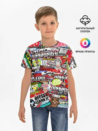 Детская базовая футболка / Cars Stickerbombing
