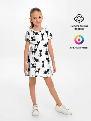 Детское платье / КОШКИ БЕЛОЕ НА ЧЕРНОМ