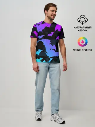 Мужская базовая футболка / ЛЕТУЧИЕ МЫШИ ХЕЛЛОУИН НЕОН / HALLOWEEN NEON