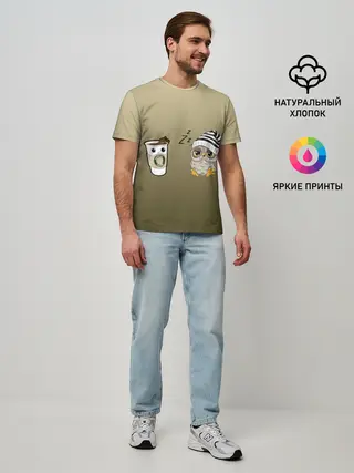 Мужская базовая футболка / сонная сова и кофе идеальное