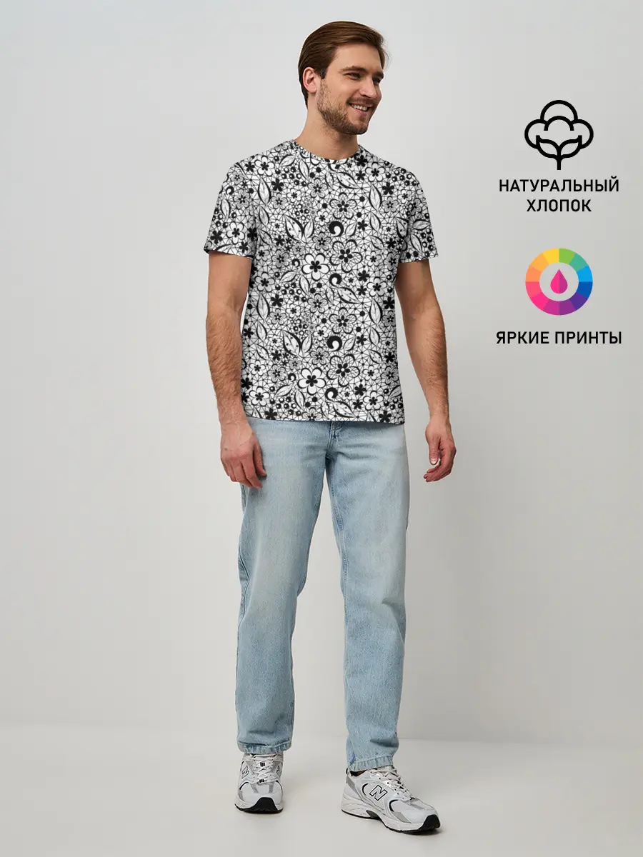 Мужская базовая футболка / Черное кружево цветочное