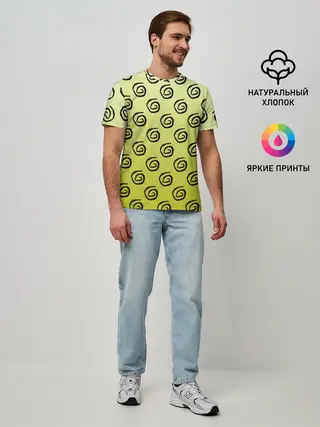 Мужская базовая футболка / узор спиральки на желтом фоне