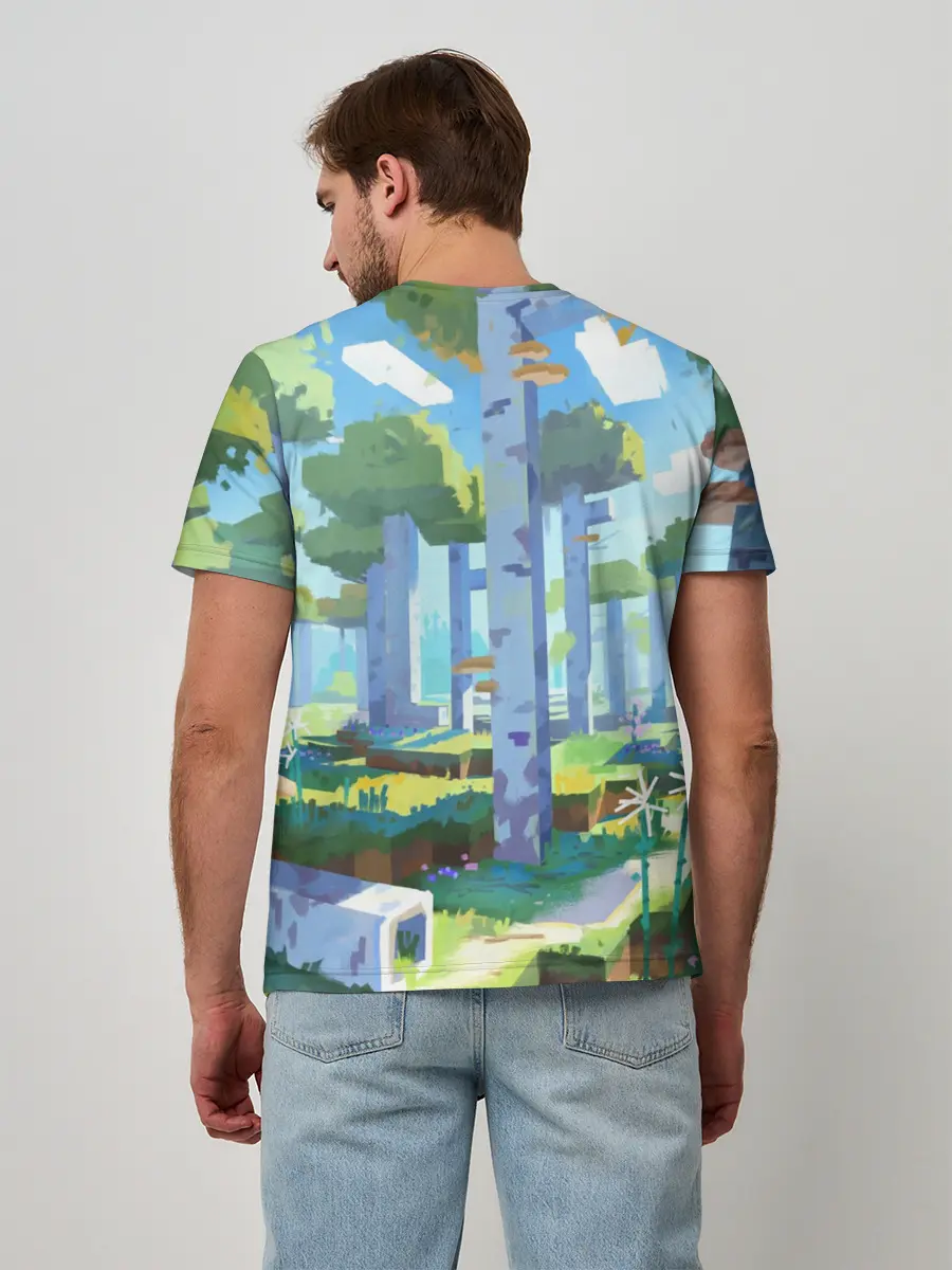 Мужская базовая футболка / Майнкрафт на коне в березовом лесу