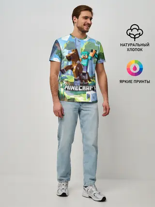 Мужская базовая футболка / Майнкрафт на коне в березовом лесу
