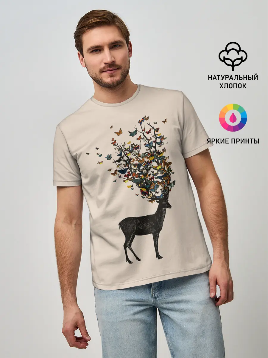 Мужская базовая футболка / Олени с рогами из бабочек