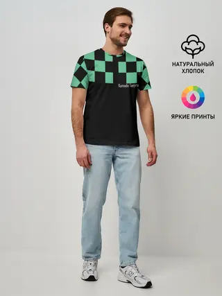 Мужская базовая футболка / Kamado Tanjiro зеленые квадраты