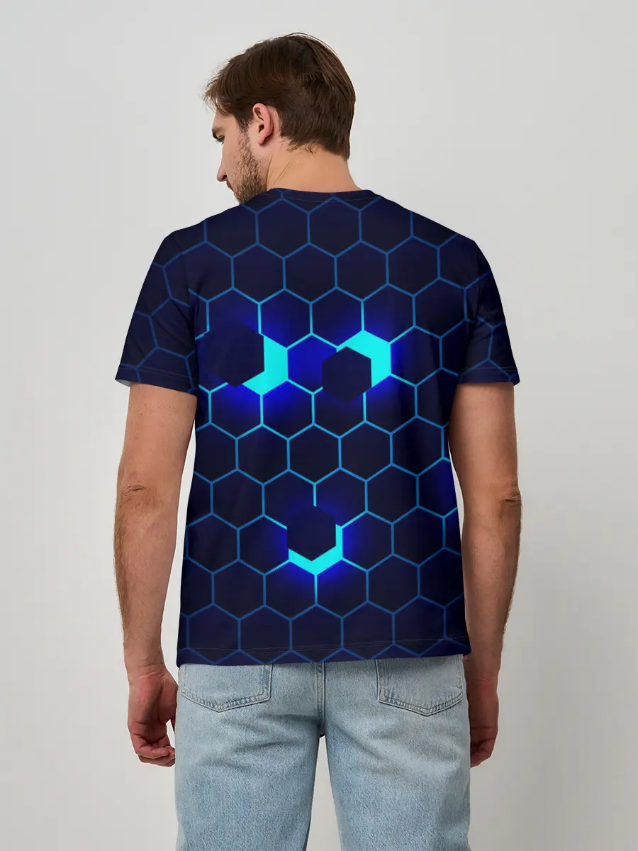 Мужская базовая футболка / СИНИЕ СОТЫ В НЕОНЕ