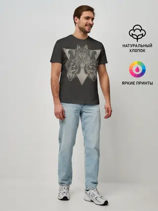 Мужская базовая футболка / Волк, черепа и индейцы