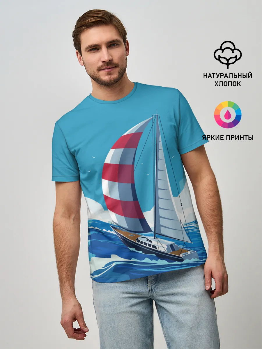 Мужская базовая футболка / ПАРУСНИК В МОРЕ | ЛЮБЛЮ МОРЕ