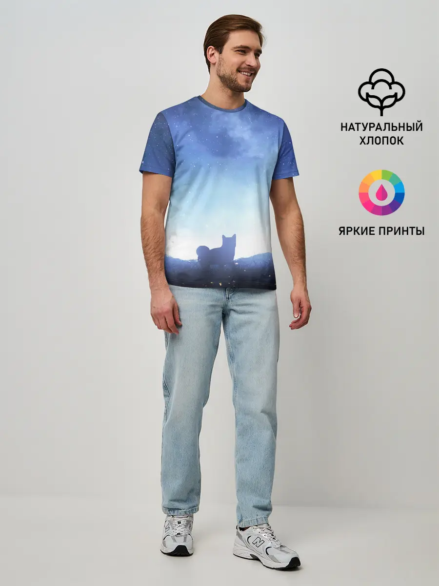 Мужская базовая футболка / силуэт корги ночь космос дымка