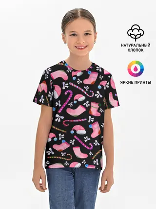 Детская базовая футболка / Новогодняя ночь, акварельный узор