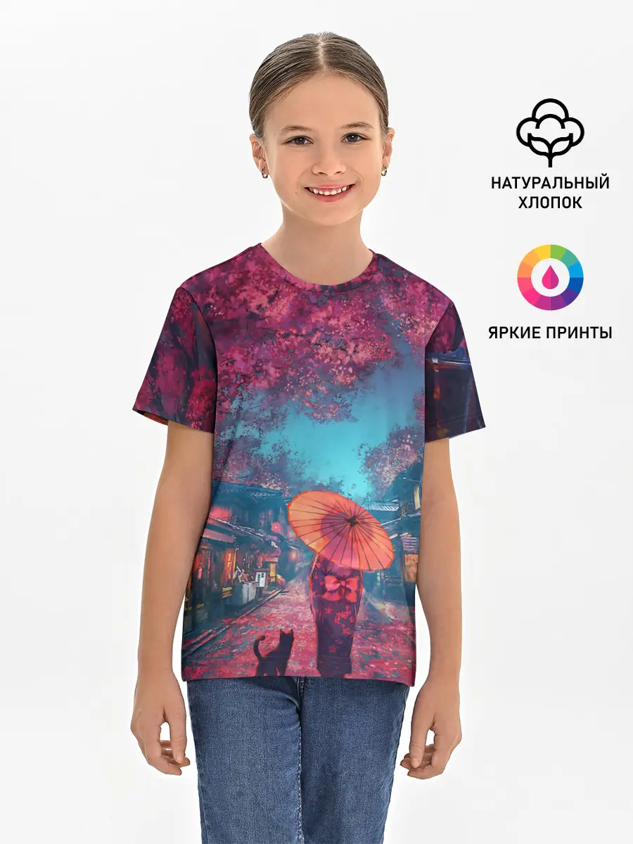 Детская базовая футболка / Фестиваль сакуры кот и гейша
