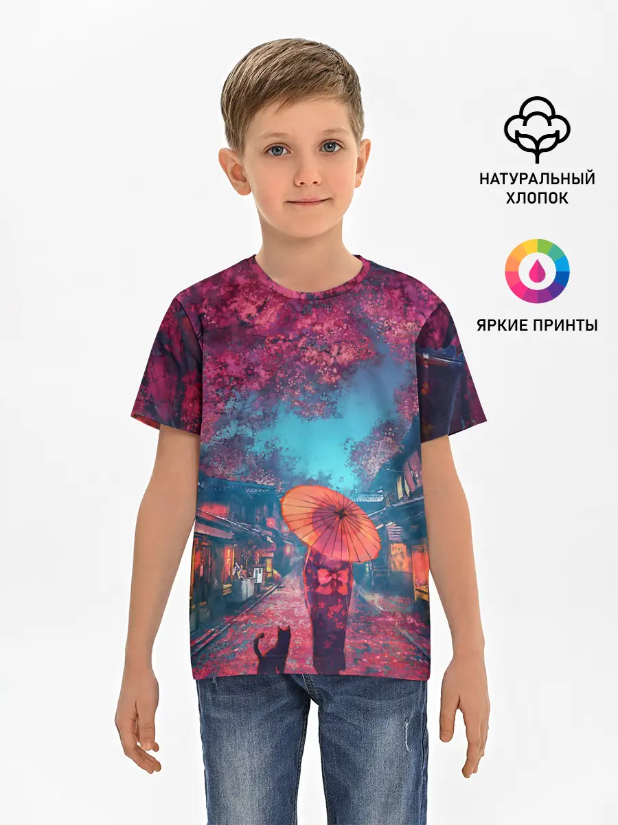 Детская базовая футболка / Фестиваль сакуры кот и гейша