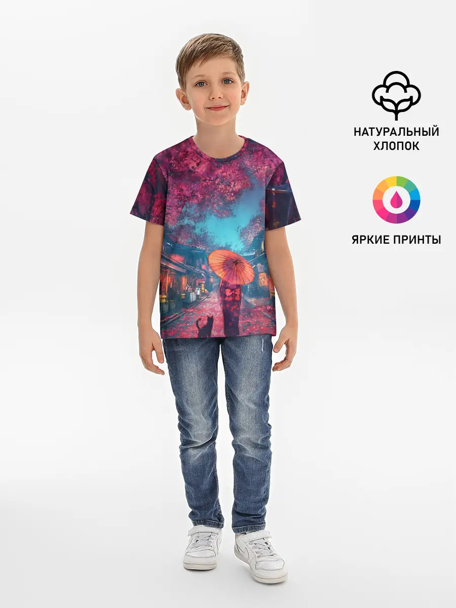 Детская базовая футболка / Фестиваль сакуры кот и гейша