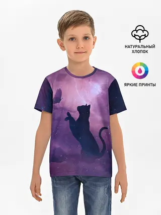 Детская базовая футболка / Бабочка кот силуэт фиолетовый