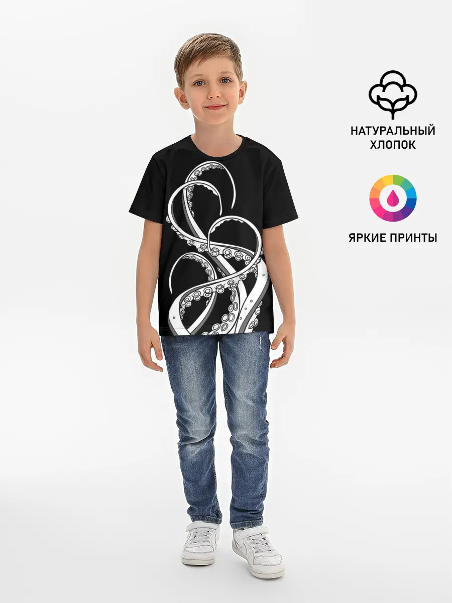 Детская базовая футболка / Octopus Black and White