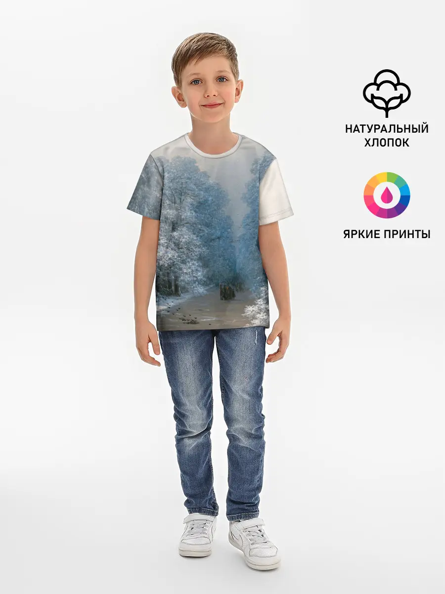 Детская базовая футболка / Зимний пейзаж картина маслом