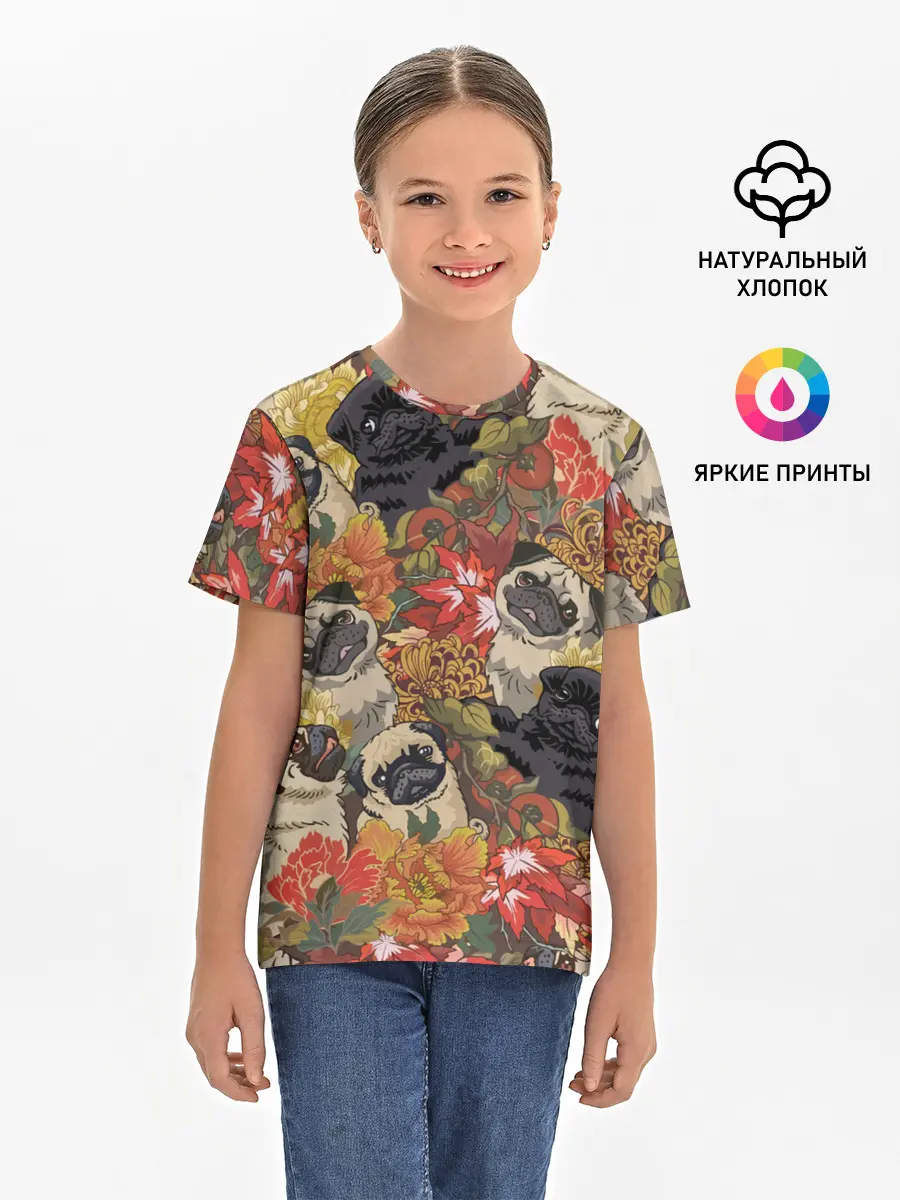 Детская базовая футболка / Мопсики | Цветочки