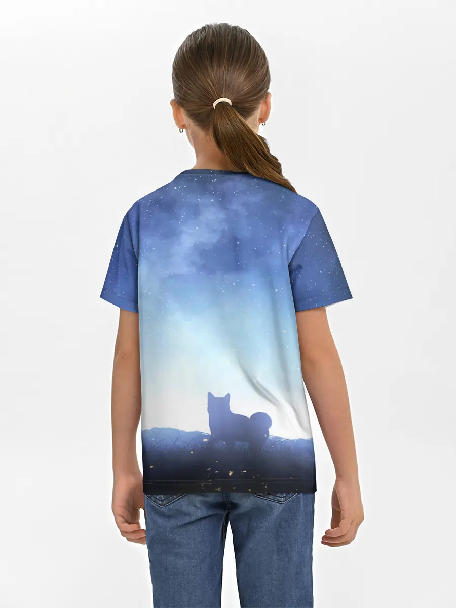 Детская базовая футболка / силуэт корги ночь космос дымка