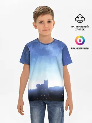 Детская базовая футболка / силуэт корги ночь космос дымка