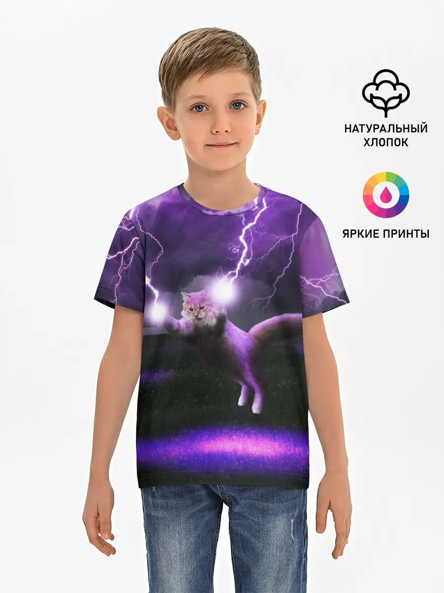 Детская базовая футболка / Кот и Молнии