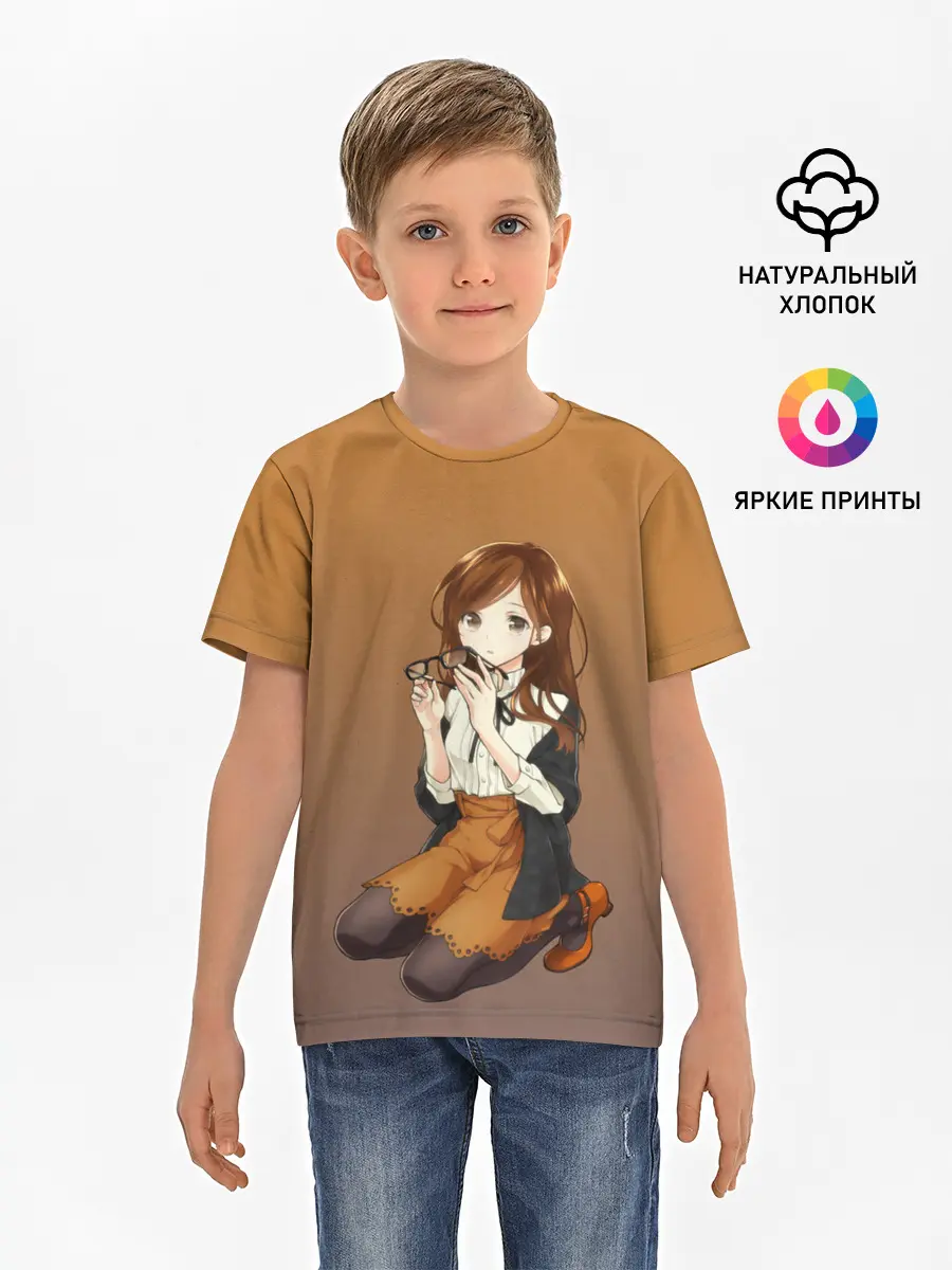 Детская базовая футболка / анимешная девочка очки офис